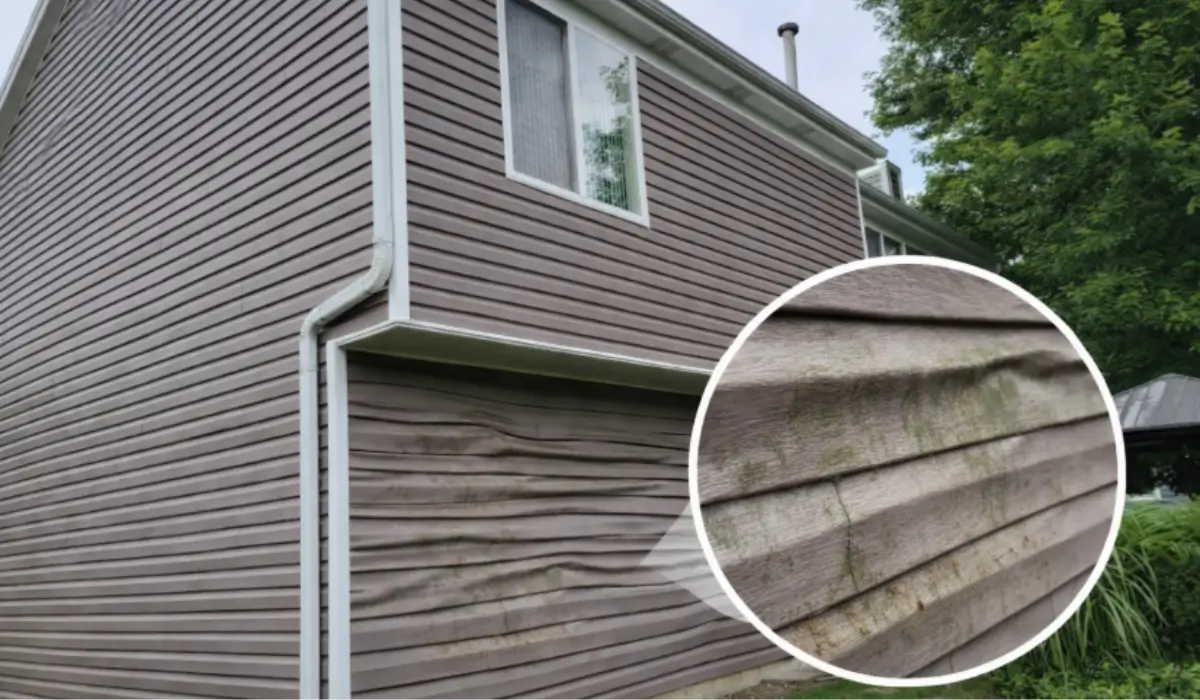 Mold under siding visible on warped exterior panels showing moisture damage after winter in Illinois home.