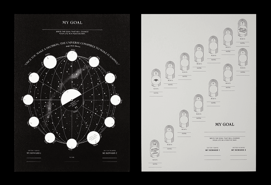 The image shows two distinct goal-setting charts side by side. On the left, a black circular chart with a white background features a central circle labeled “H” surrounded by smaller circles labeled with numbers 1 through 14, each containing text like “Once you make a decision, the universe conspires to make it happen.” Below the chart, the text “MY GOAL” is printed, followed by “Write the goal that will change your life in a positive way.” At the bottom, “MY REWARD 1” and “MY REWARD 2” are written. On the right, a light gray chart with a grid of numbered circles (1-14) arranged in a diamond shape, each labeled with text like “Note,” “Note/By,” and “Note/After 1 Day/After 14 Days,” is accompanied by the title “MY GOAL” at the top. Below it, the text “Write the goal that will change your life in a positive way” appears, with “MY REWARD 1” and “MY REWARD 2” written below.