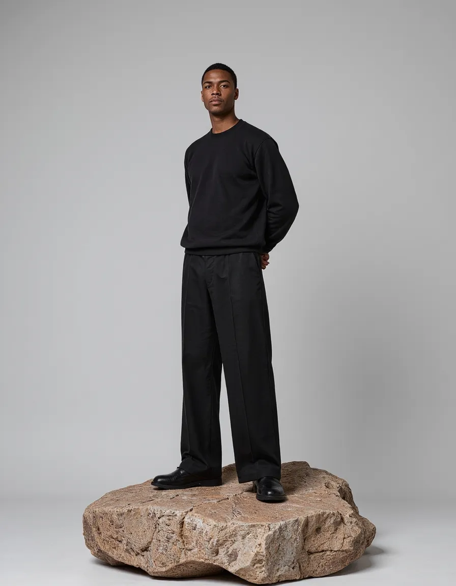 Male model in black outfit standing on large rock against minimal grey backdrop in professional studio setting