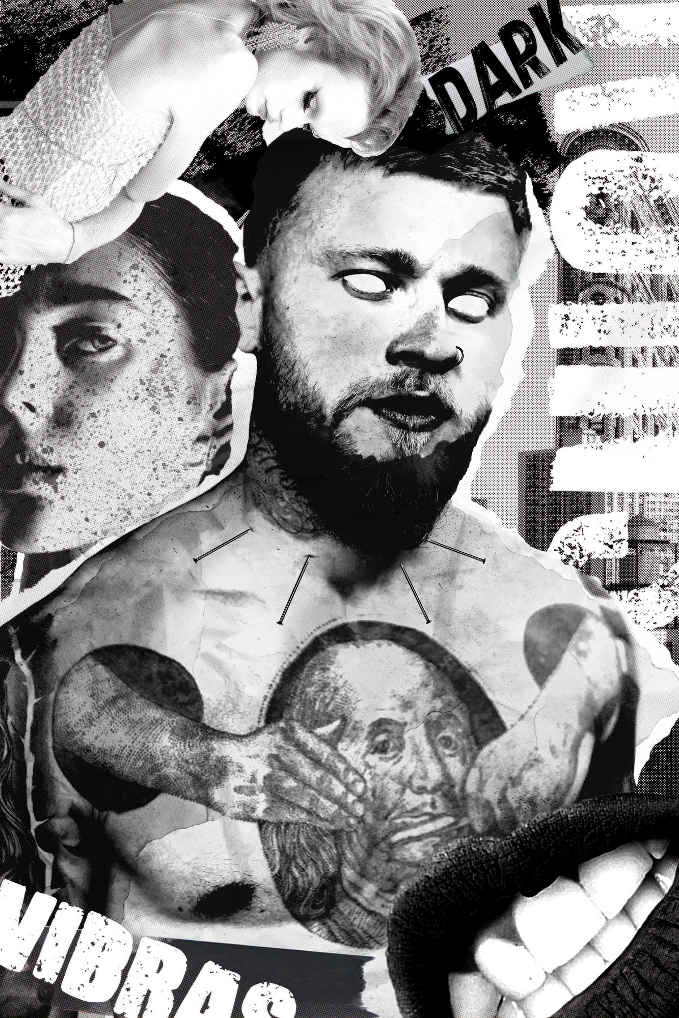 Black textured background with subtle speckled grain and distressed white marks along the edges.