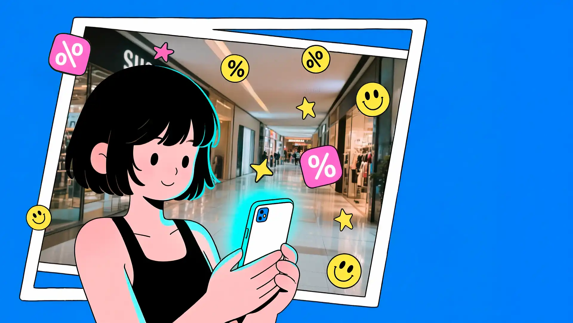 Animated person engaging with a smartphone in a neon-infused shopping mall, depicting the integration of social media and e-commerce.
