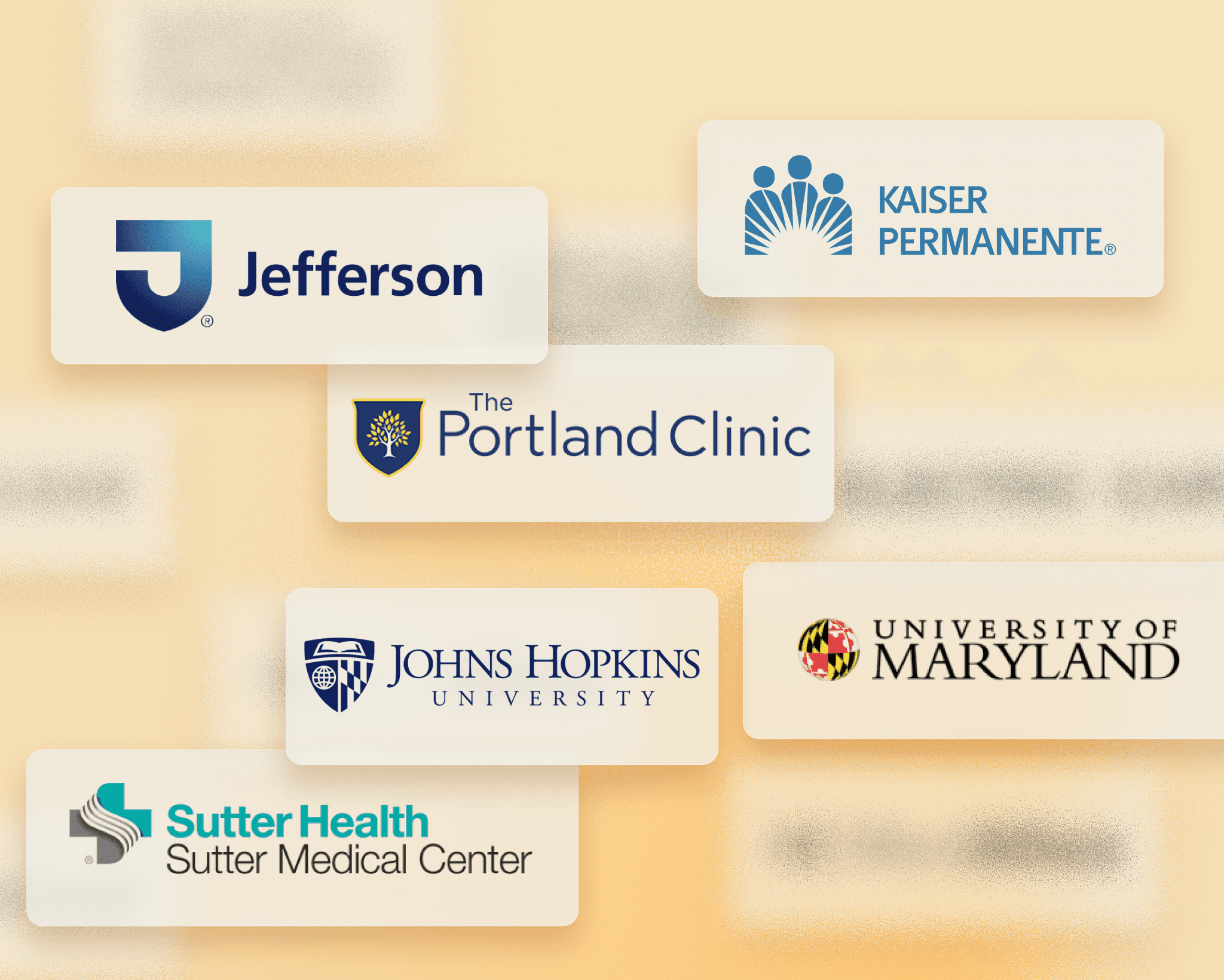 Graphic showing logos of top health providers in the U.S such as Kaiser Permanente, Sutter Health, Unifersity of Maryland, and John Hopkins University.
