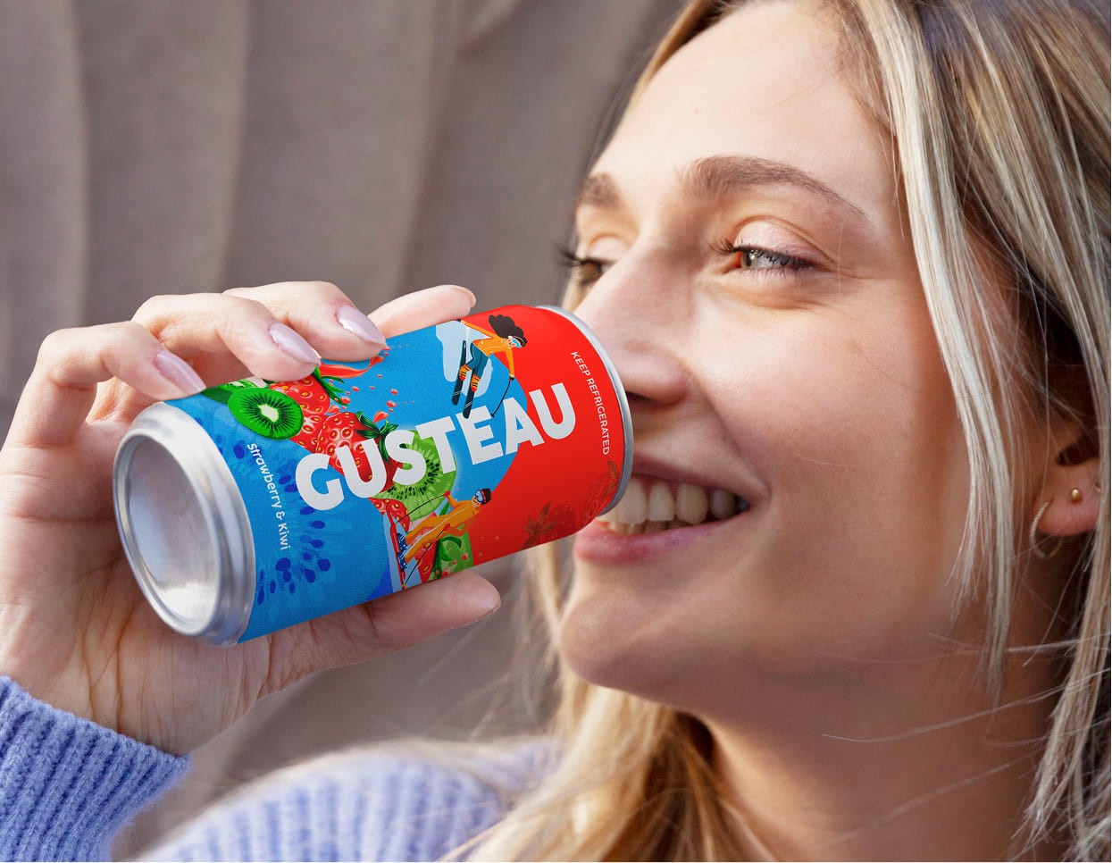 Gusteau fruit soda can packaging design collection featuring multiple flavors