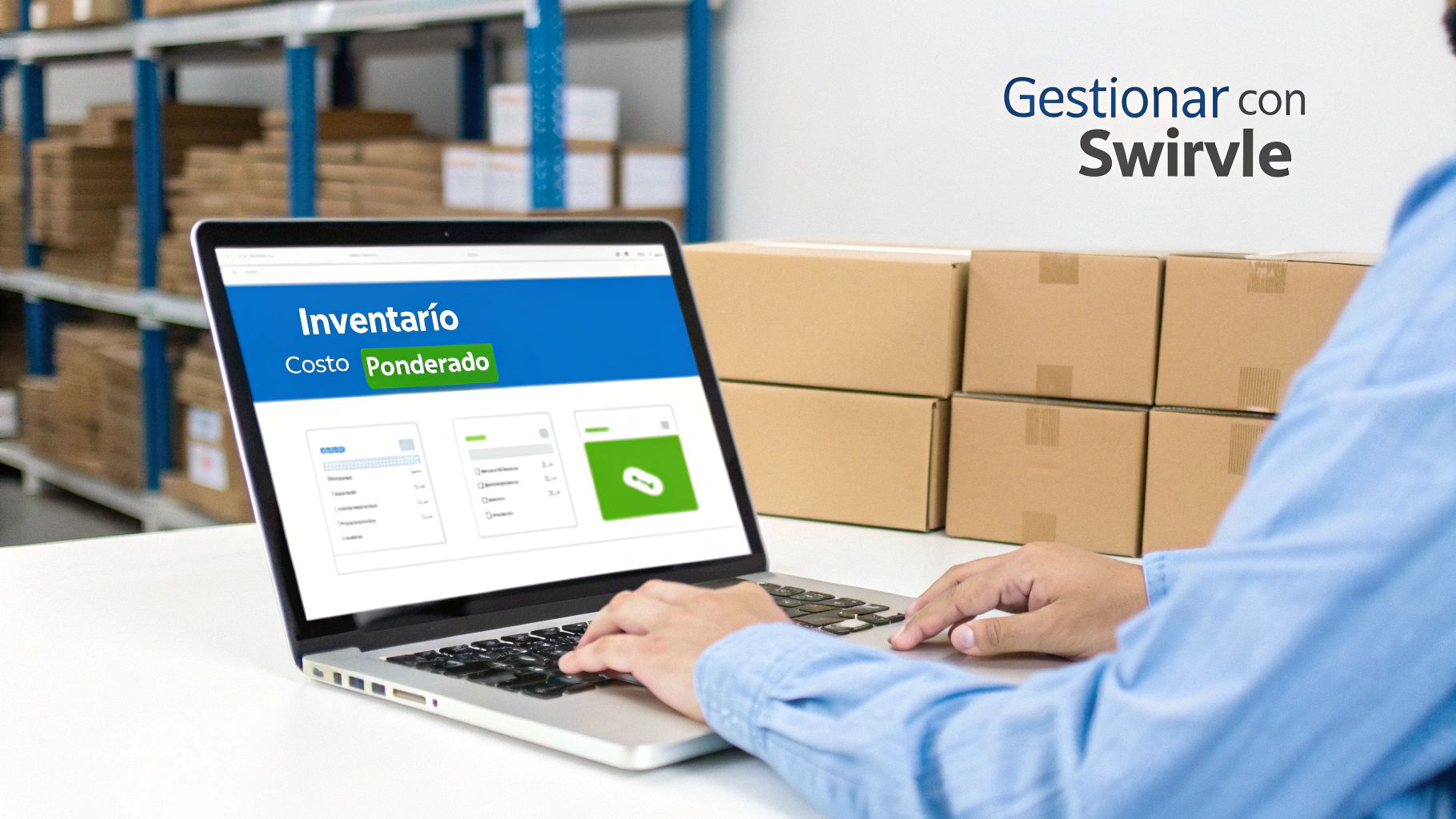 Hombre gestiona inventario y costo ponderado en laptop con Swirvle, rodeado de cajas en un almacén.
