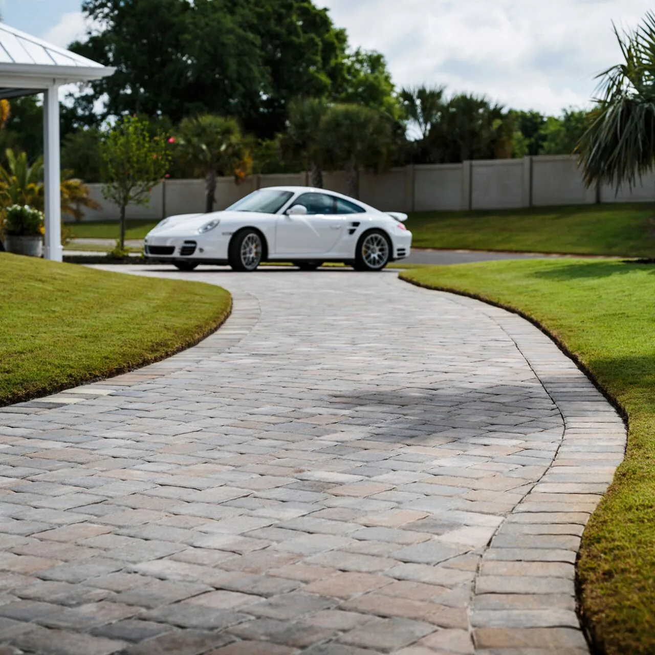 A path through the landscape Paver driveway curving between green lawns toward a parked car.