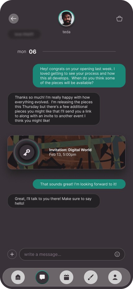 Text message screenshot featuring a conversation where an artist invites a potential buyer to an event.