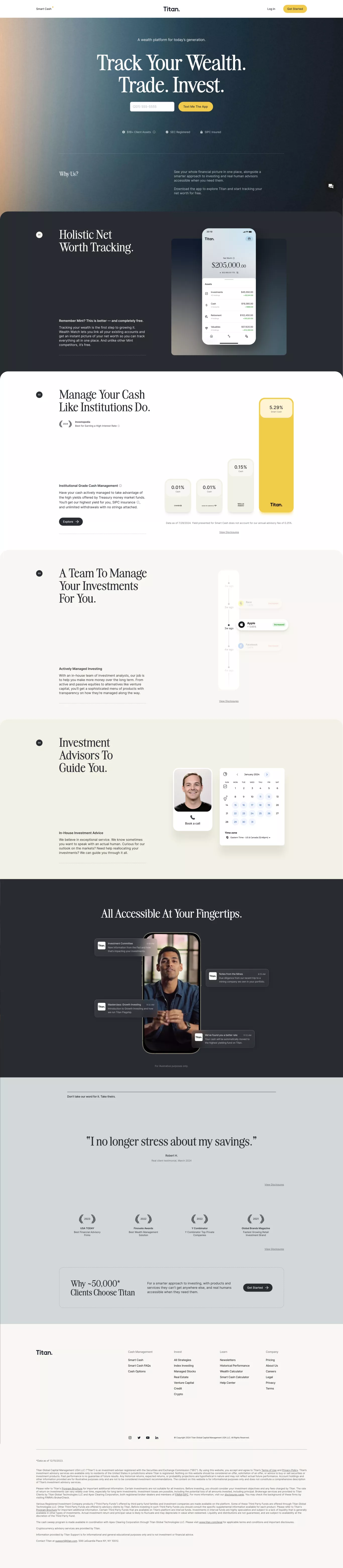 Titan - Track Your Wealth. Trade. Invest landing page screenshot showcasing Tech and Finance design