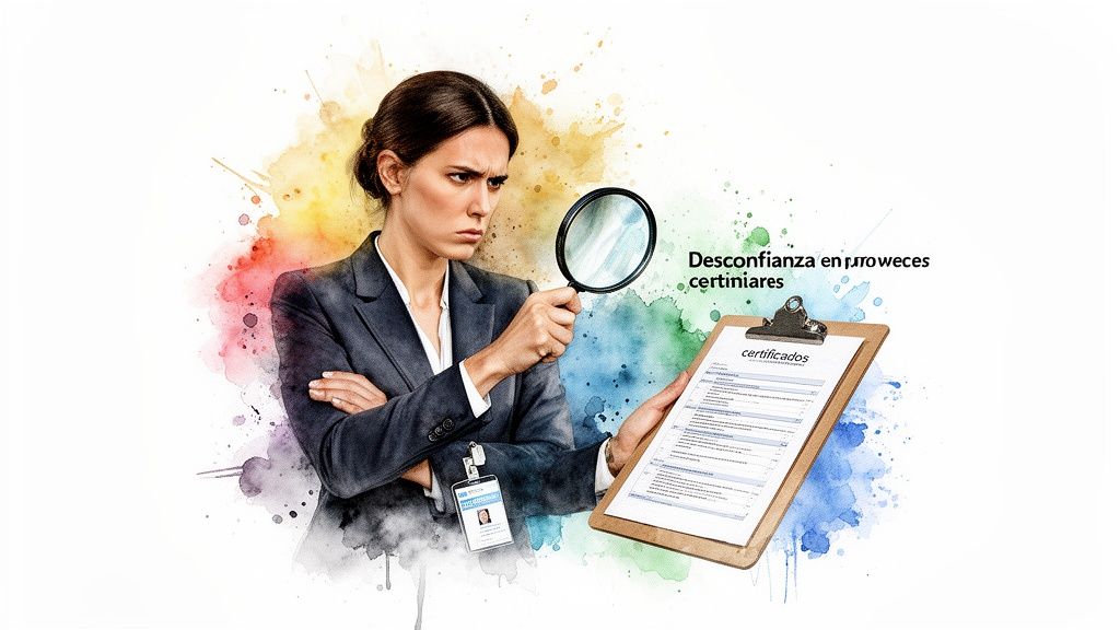 Mujer de negocios escrutando un certificado con lupa, mostrando desconfianza con salpicaduras de acuarela.