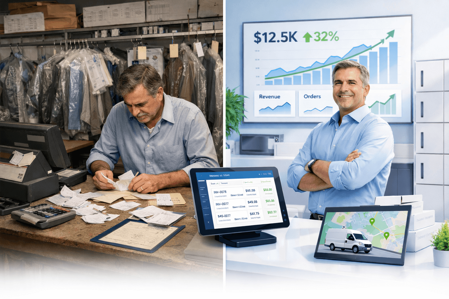 Business man stressed out with printed tickets vs a business owner happy with his software