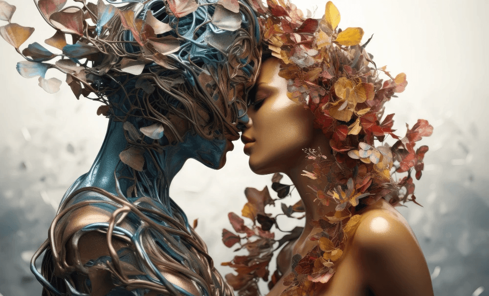 Two fantasy figures, one metallic blue and one adorned in autumn leaves, about to kiss
