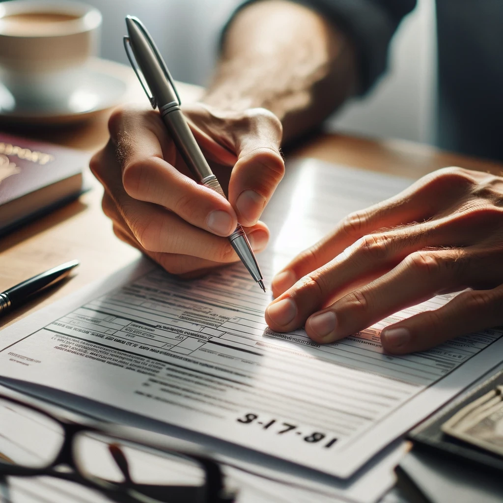 Close-up of hands meticulously filling out the I-765 Application for Employment Authorization, surrounded by necessary identification documents.
