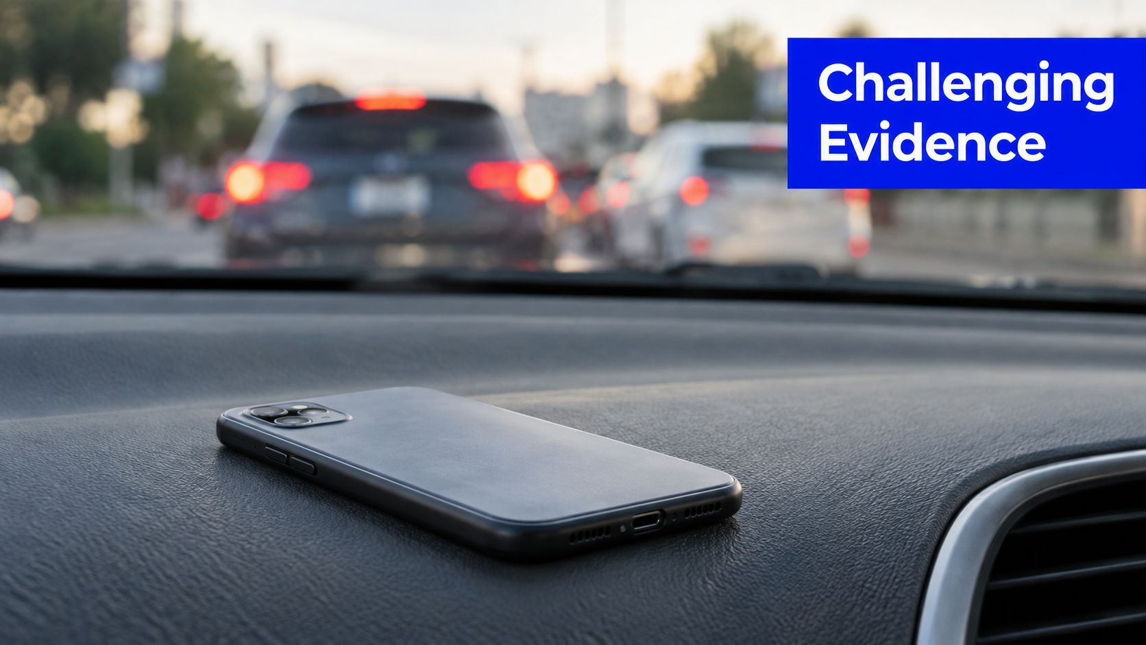 A smartphone resting on a car dashboard while driving in traffic, symbolizing distracted driving and road safety.