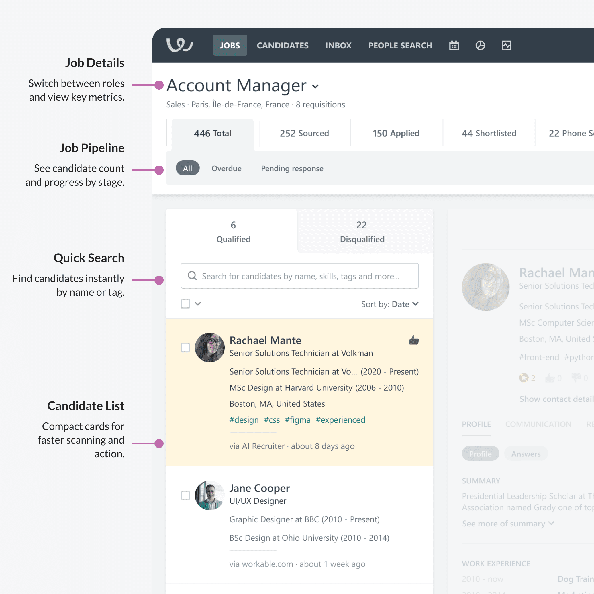 Workable Hiring pipeline left
