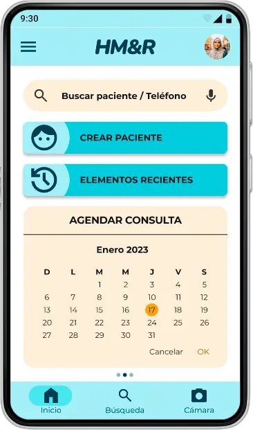 Maqueta de alta fidelidad de la aplicación HM&R; presenta el tablero principal con acceso directo a la creación de historiales clínicos, una sección de registros recientes y un calendario interactivo para la gestión de citas médicas.