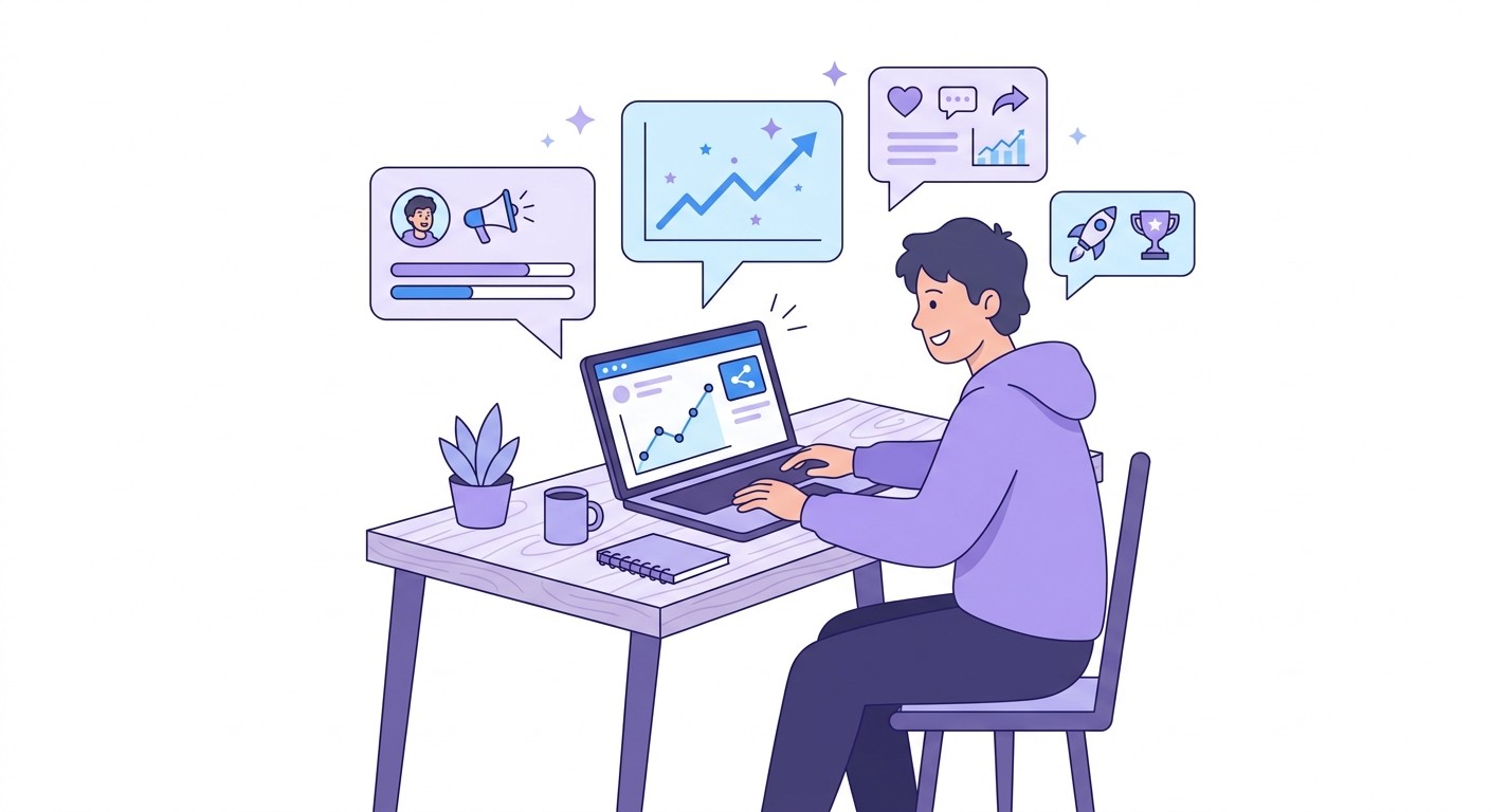 Illustration of a founder building in public and sharing app progress on social media
