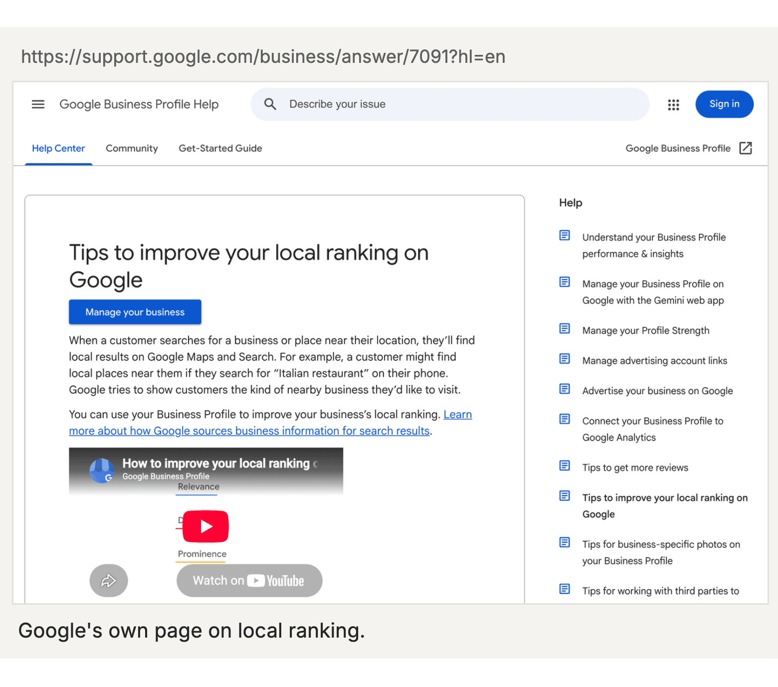 Screenshot of https://support.google.com/business/answer/7091?hl=en: Google's own page on local ranking.