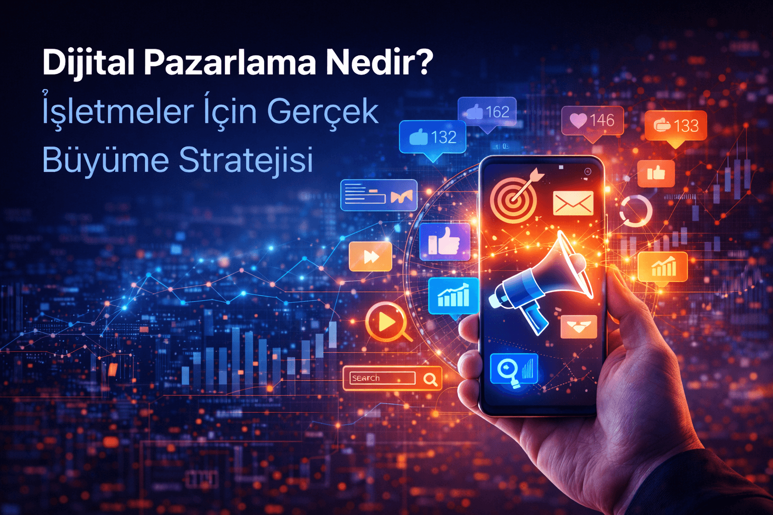 Dijital pazarlama stratejisini temsil eden, mobil ekran üzerinden veri analizi, sosyal medya ikonları ve büyüme grafikleri gösteren teknoloji temalı görsel