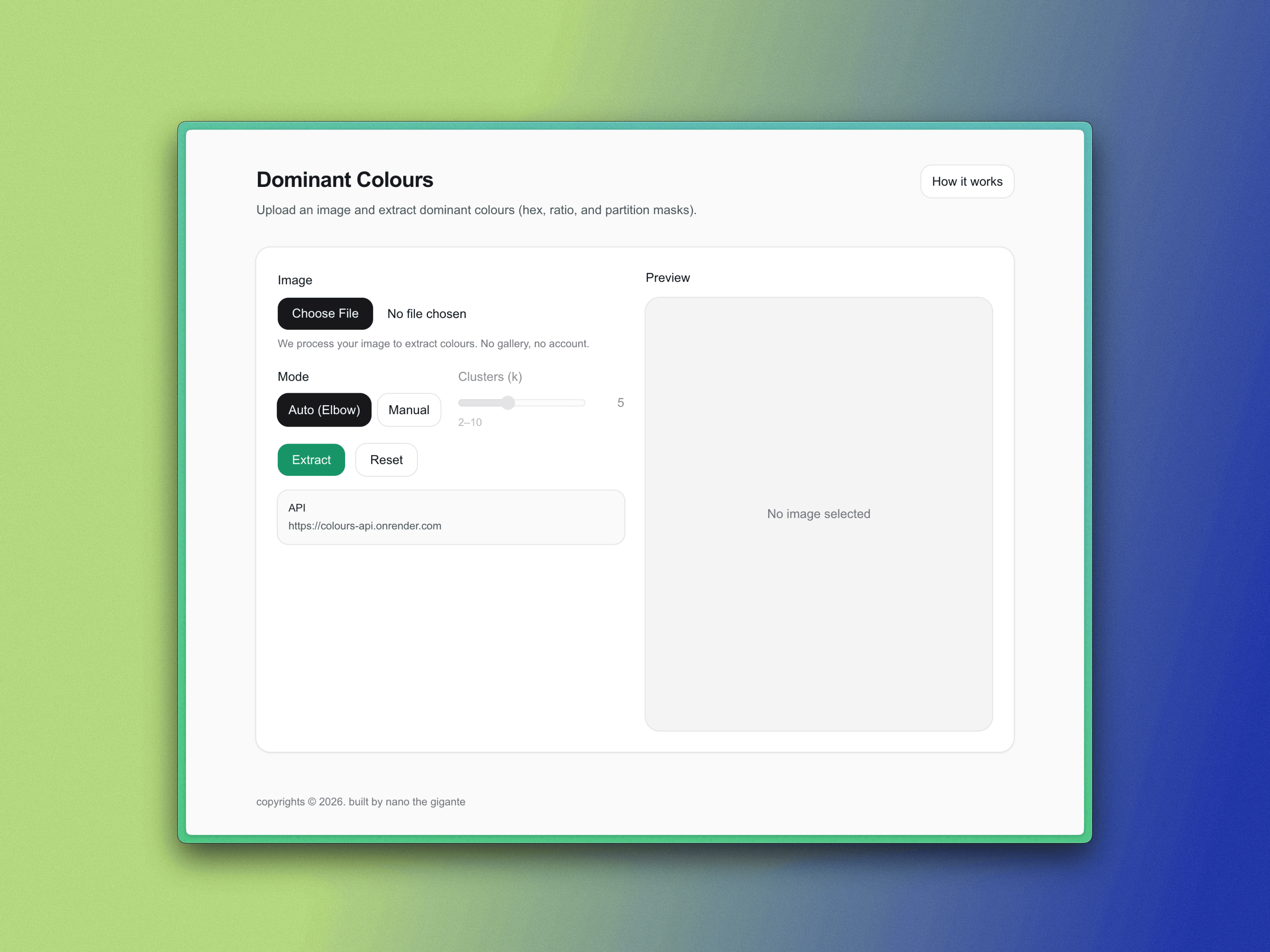 Image of a dominant colour extraction web application. The interface allows users to upload an image, choose between automatic Elbow-based clustering and manual cluster selection, preview the uploaded image, and extract dominant colours with colour ratios and partition masks.