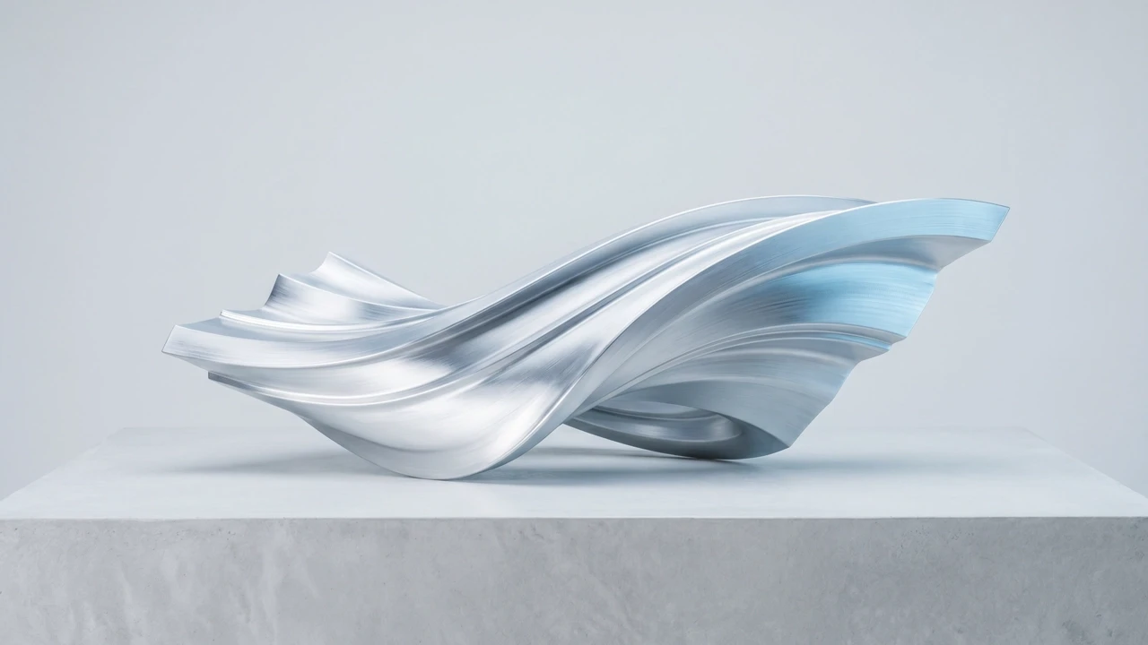 High-end 3D render of a sleek, flowing metallic aluminum sculpture resting on a concrete base, representing visual authority and strategic purity.