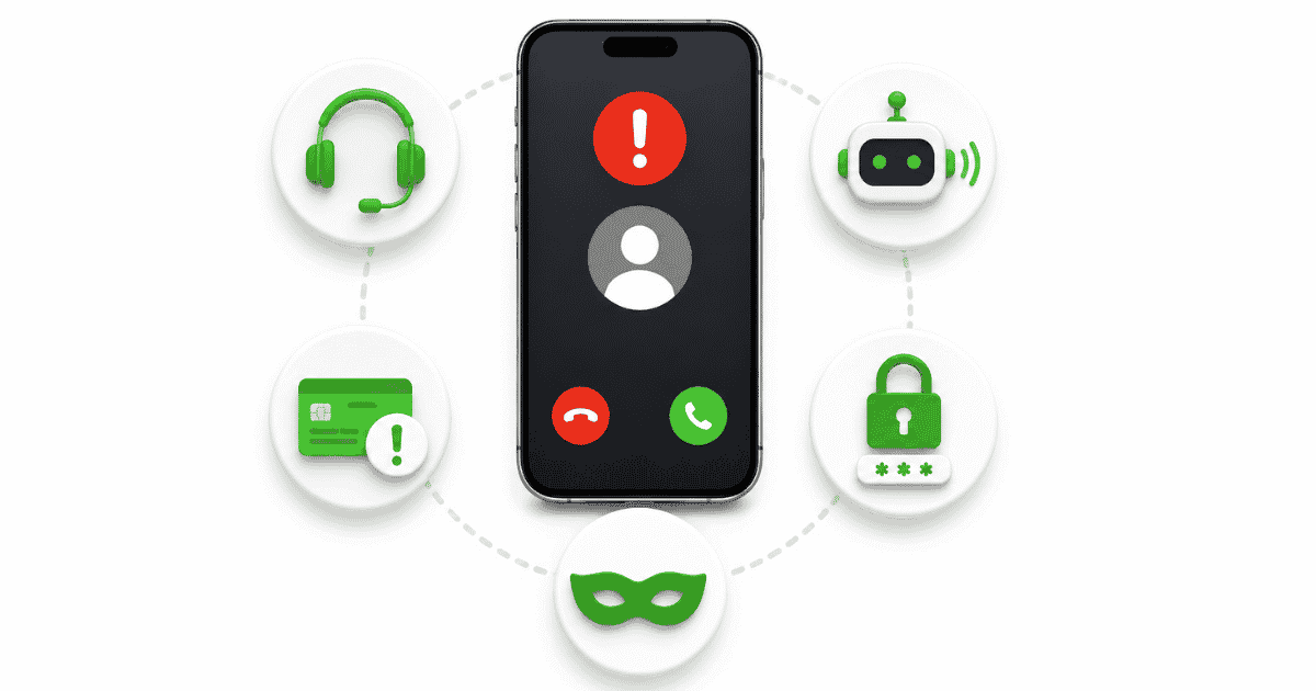 Smartphone surrounded by icons representing common types of spam calls, including telemarketing, robocalls, phishing scams, fraud calls, and spoofed caller IDs.