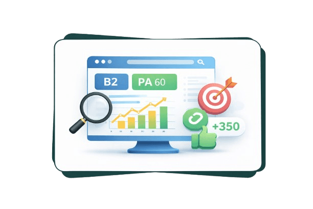 3D illustration of an SEO analytics dashboard showing metrics like PA 60 and B2, with a magnifying glass, bar chart, target, checkmarks, and growth icons displayed on a rounded card interface.