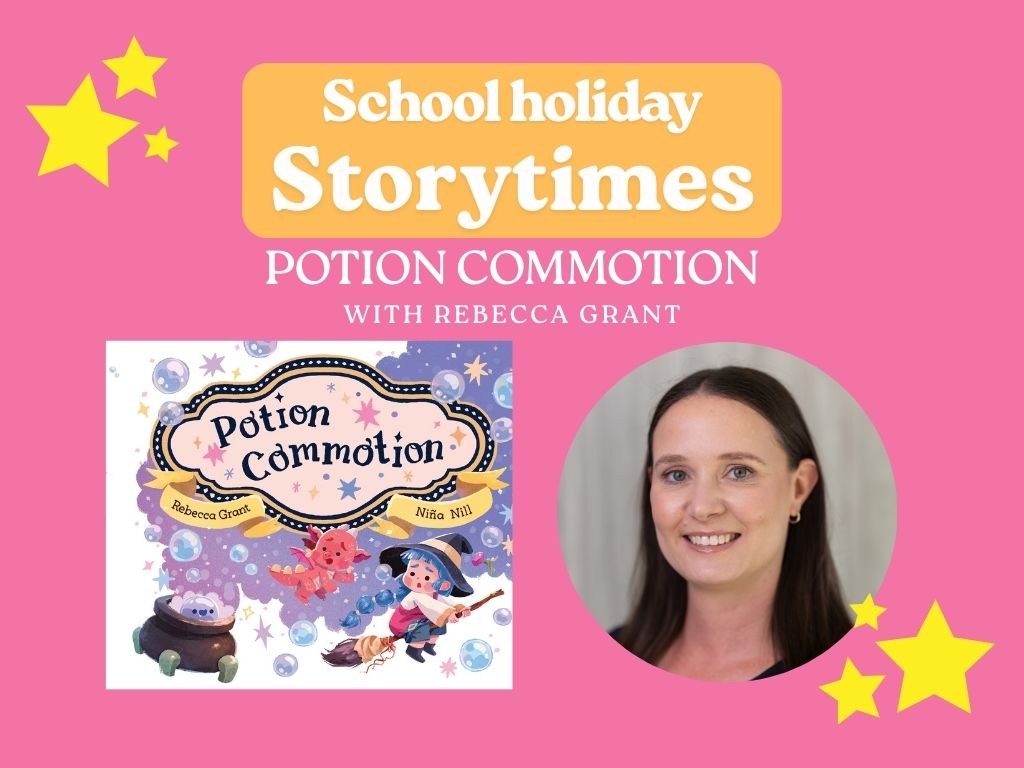 The cover of Potion Commotion and a photo of author Rebecca Grant