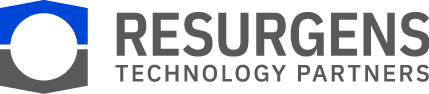 The image features the logo of Resurgens Technology Partners, showcasing a bold, modern font with a blue and gray color scheme accompanied by a stylized semicircular design.