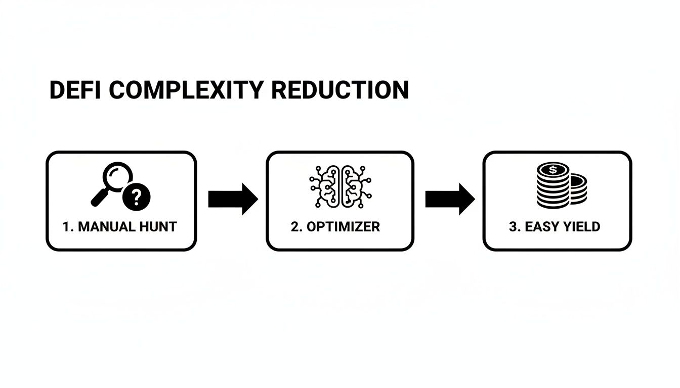 A three-step diagram illustrating DeFi complexity reduction: manual hunt, optimizer, and easy yield.