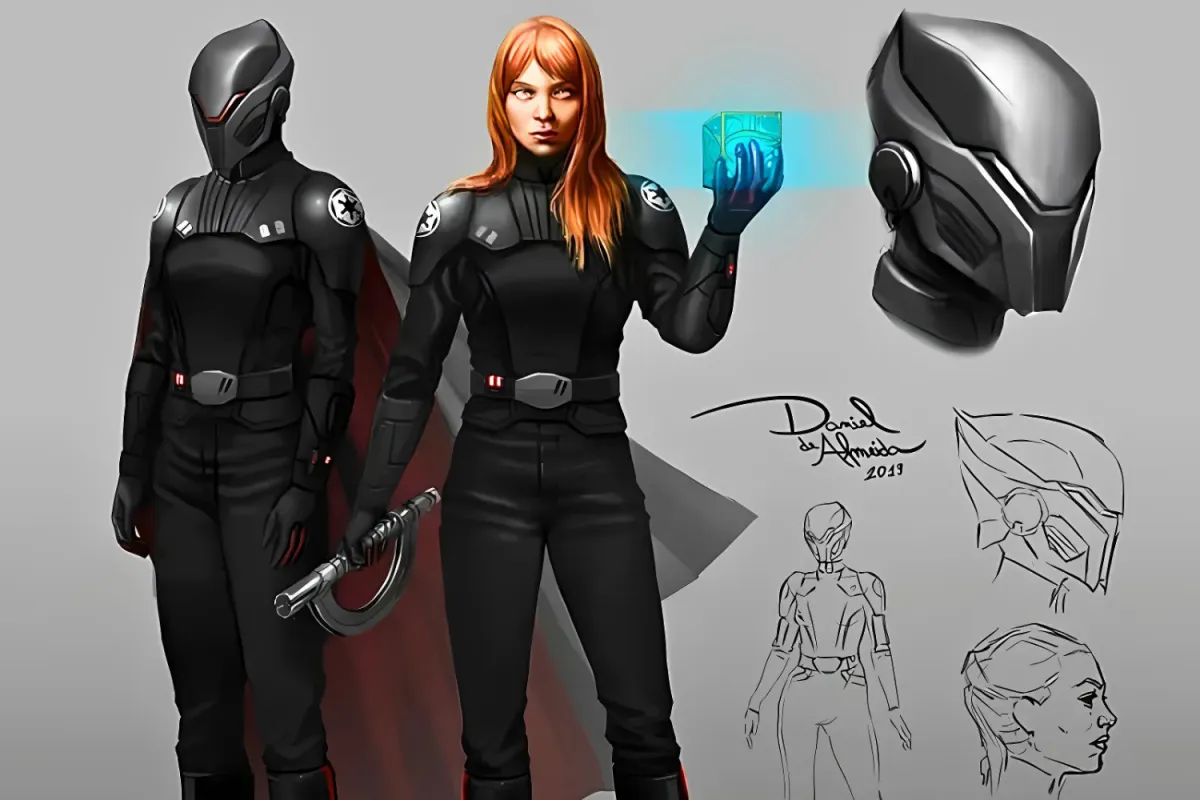 Speculative concept art depicting Mara Jade reimagined as an Inquisitor in the Star Wars universe. She wears sleek black Imperial armor, with a helmeted variant shown beside her. In one hand, she holds a glowing blue Holocron, and in the other, a double-bladed spinning lightsaber. Sketches of her design details surround the main illustration, visualizing a potential Canon return for the character.