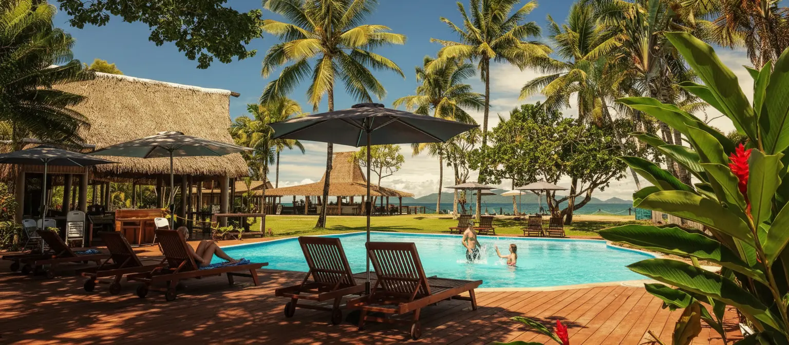 Uprising Beach Resort's vibrant beachfront bar with live music, string lights, and guests enjoying the sunset.