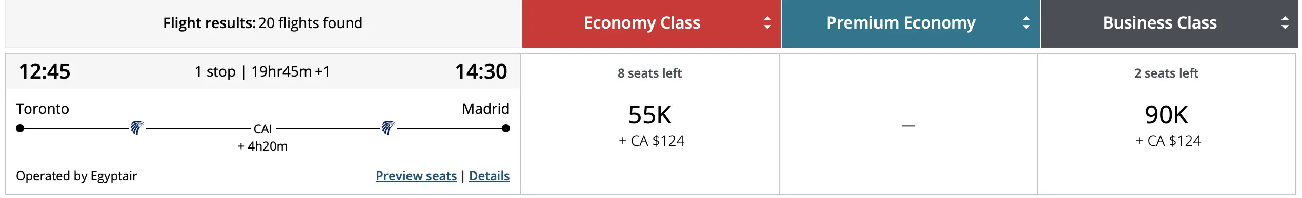 YYZ to MAD EgyptAir with points