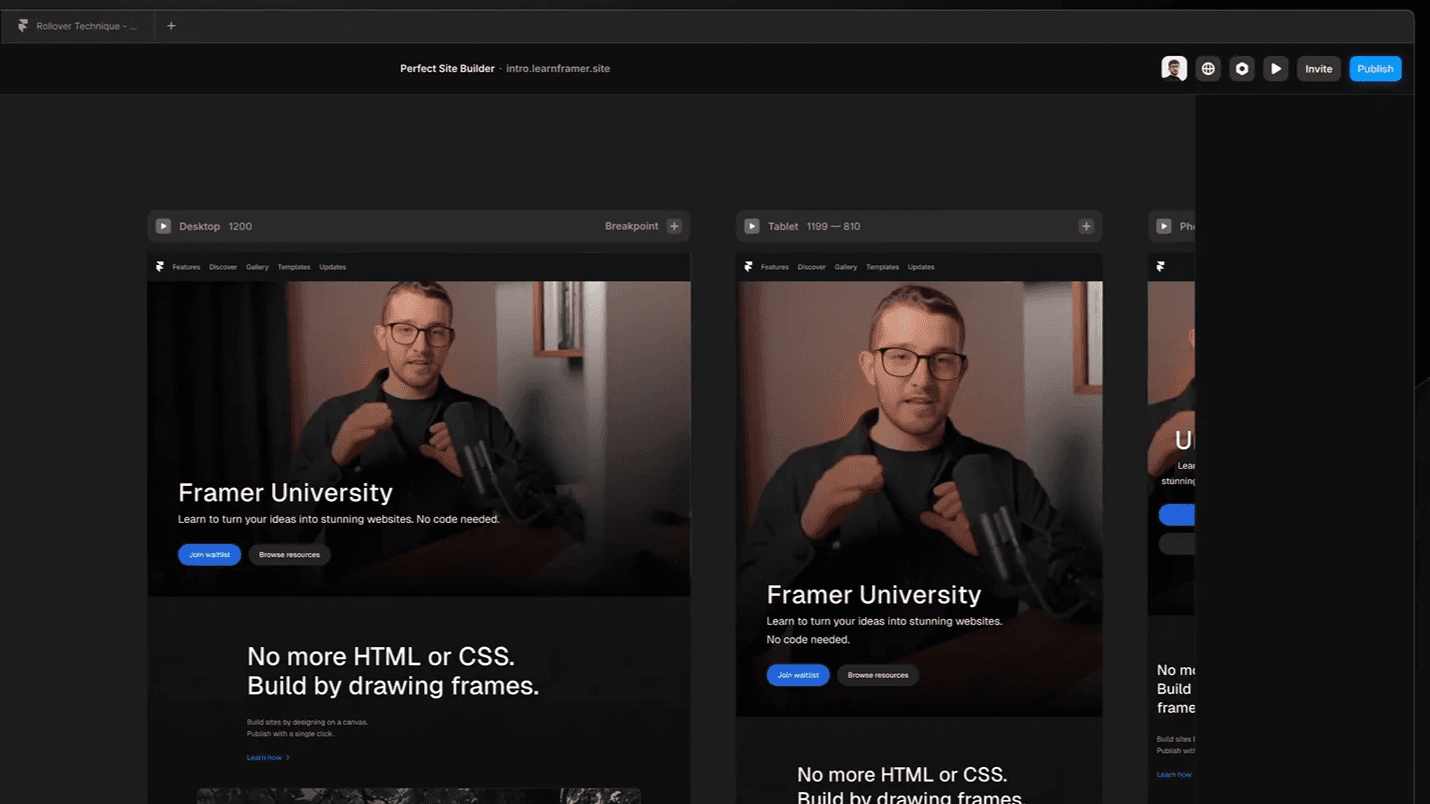 Responsive web design preview of Framer University showcasing desktop, tablet, and mobile breakpoints with no-code site-building features