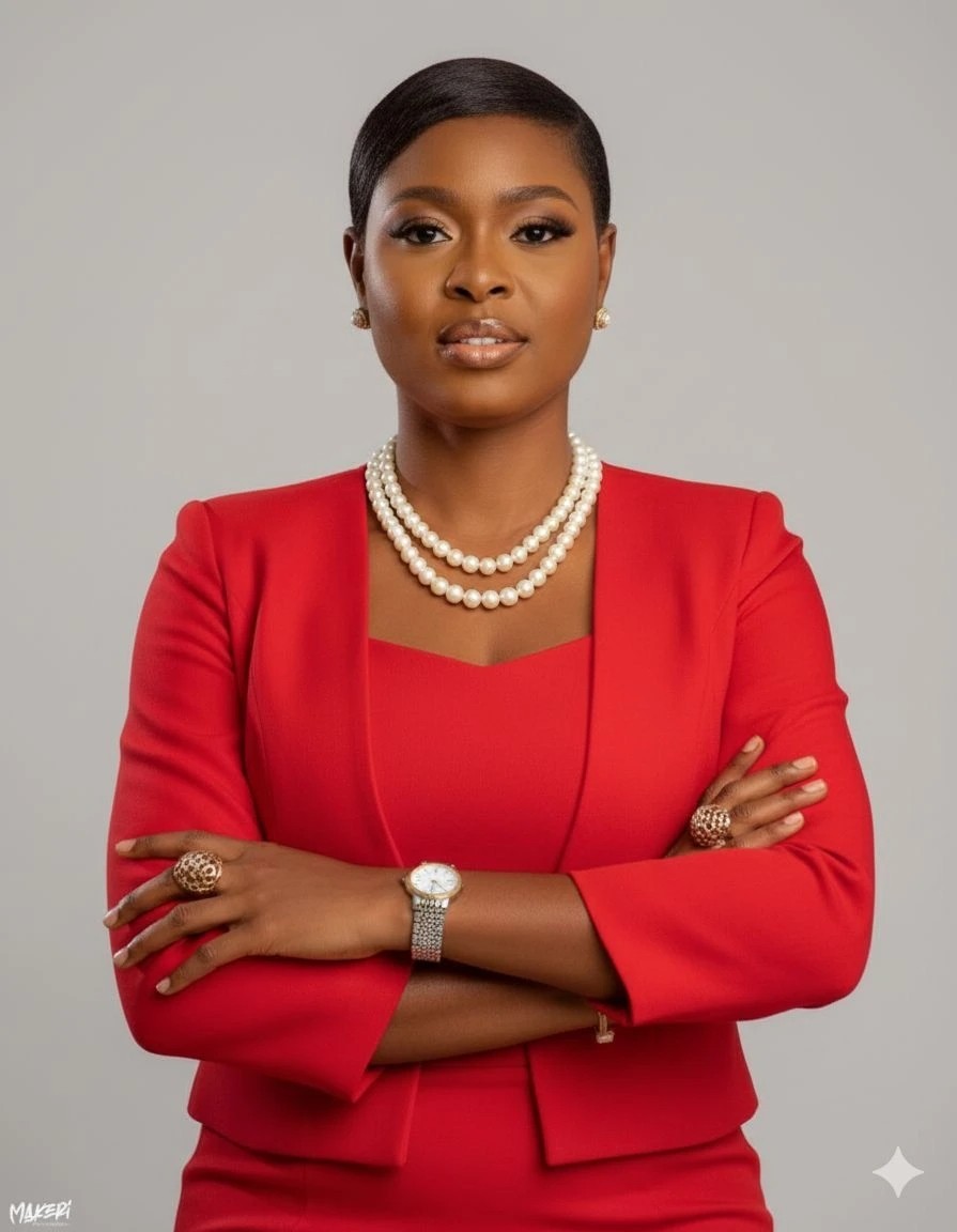 Blonde woman in a black long-sleeve and apron, arms crossed—minimalist studio portrait on a beige background.