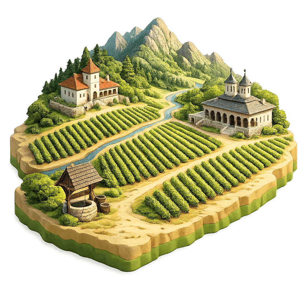 Artistic illustration of the Oltenia wine region.