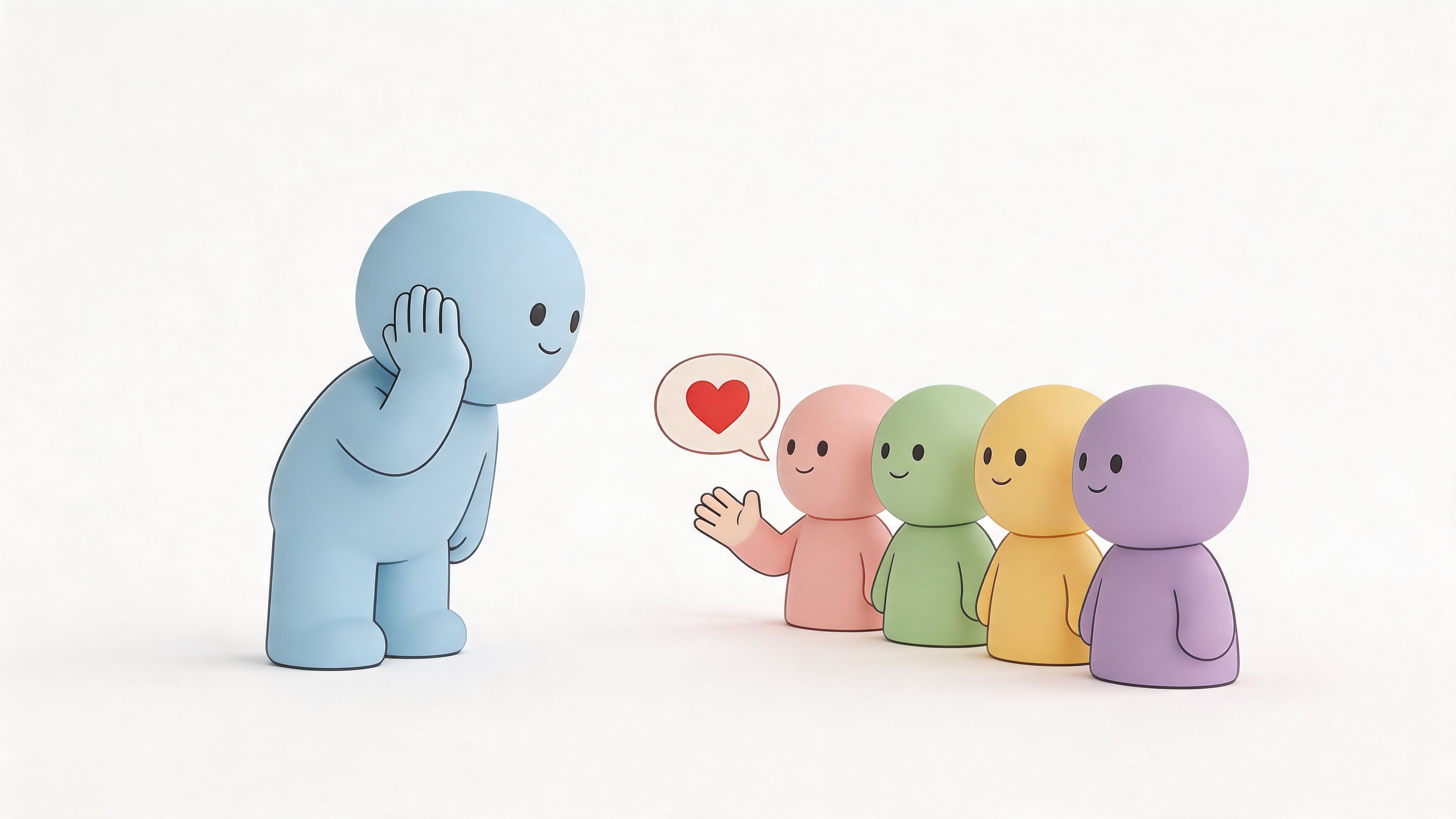 A blue cartoon character listens to a group of colorful figures sending a heart symbol in a speech bubble.
