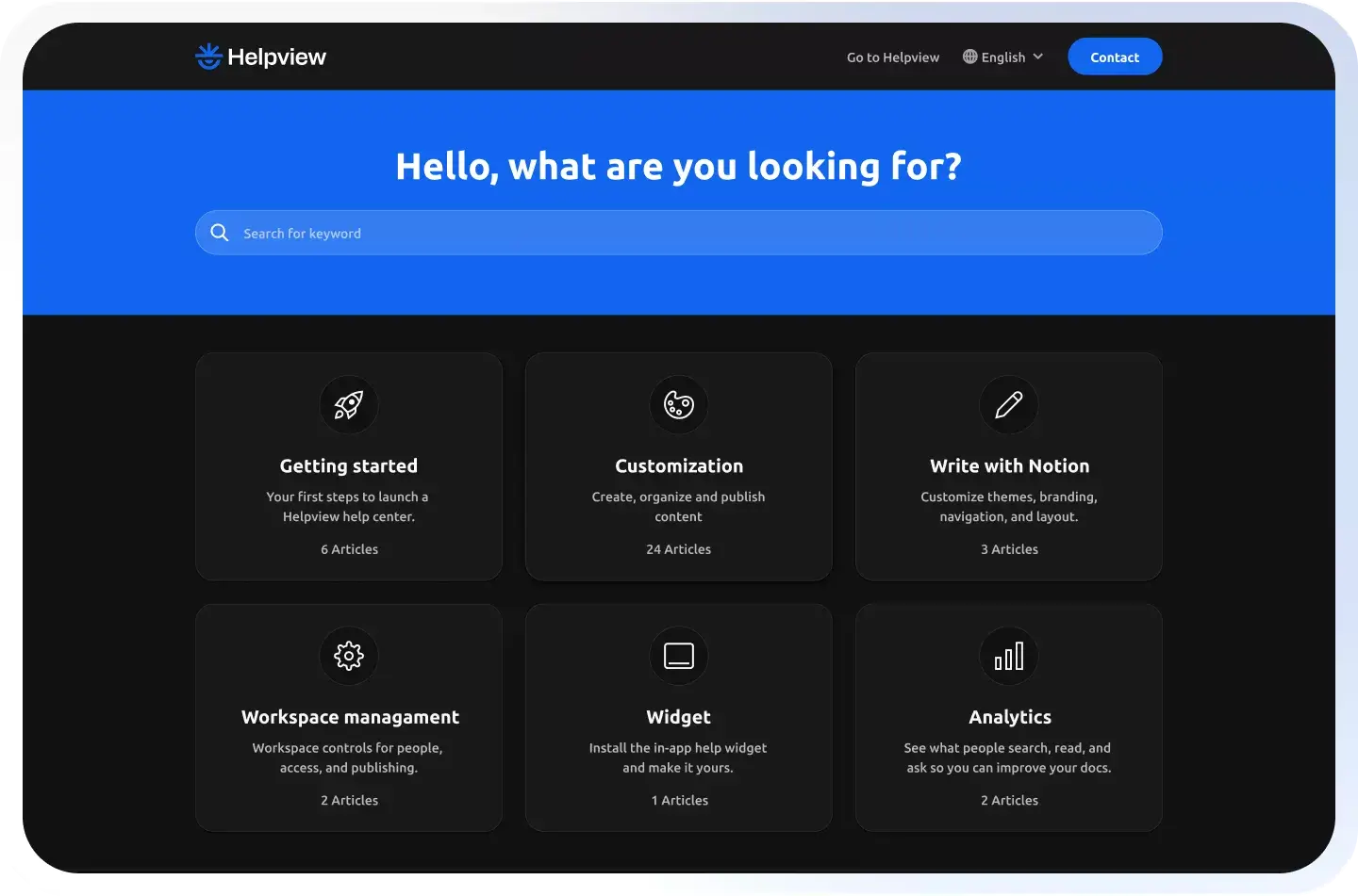 Helpview help center interface in dark theme showing organized article categories and knowledge base layout.