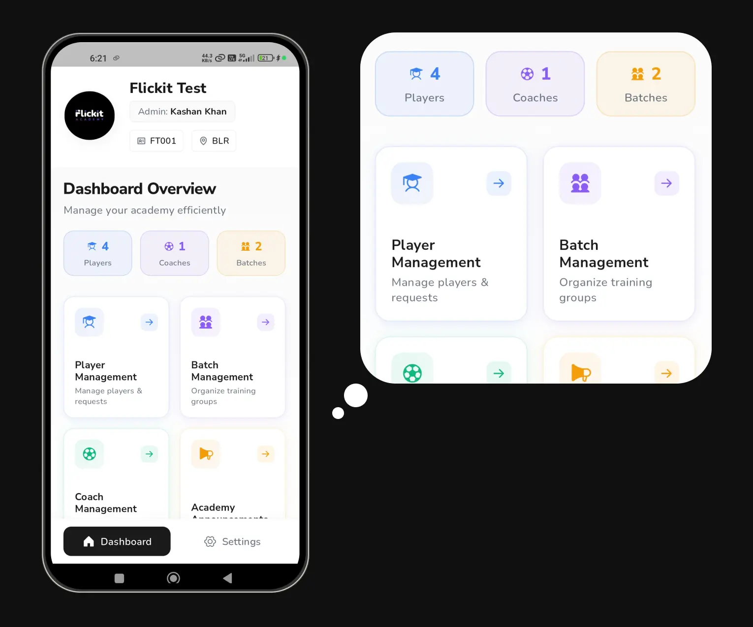 Flickit Coach app home screen showing player batches and training plan assignment