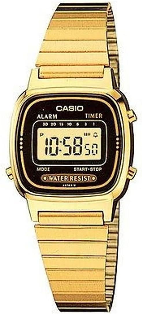 Casio Womens Black Digital Watch with Gold Band