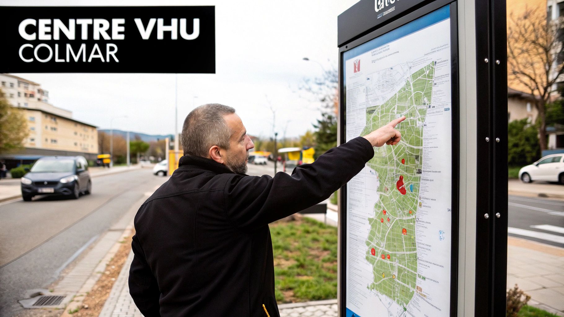 Un homme pointe du doigt une carte de la ville de Colmar sur un panneau d'information, s'orientant dans la ville.