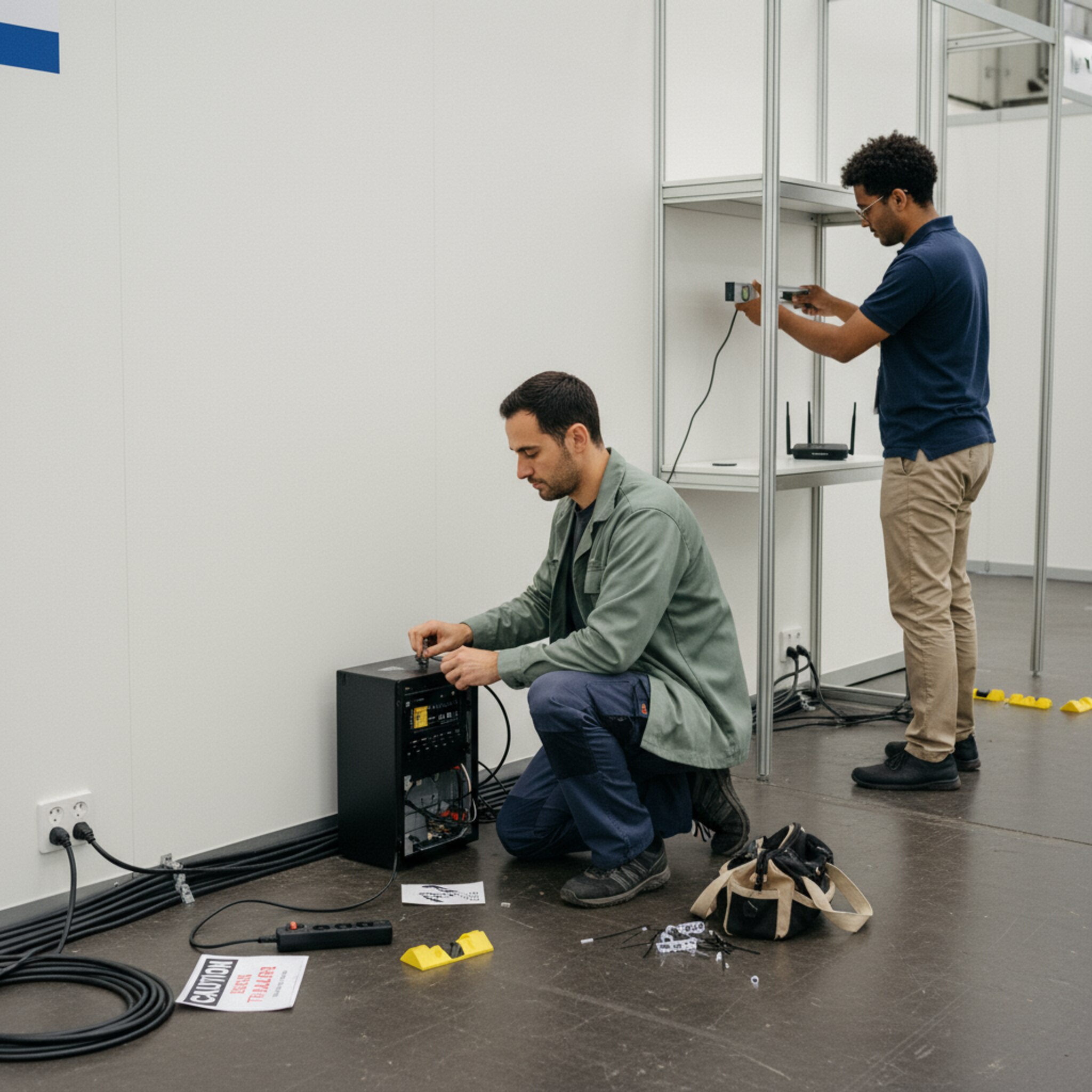 Ein Techniker schließt einen Stromkasten am Stand an, Kabel werden sauber entlang der Kante geführt. Eine Mehrfachsteckdose, Kabelbrücken und ein Hinweisschild für die Absicherung liegen bereit. Nebenan richtet ein Kollege einen Router und ein kleines Rigging-Element aus.