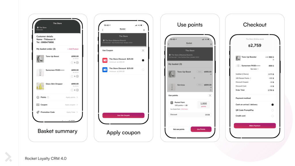เมื่อลูกค้าซื้อสินค้าผ่านเว็บไซต์ E-commerce ของแบรนด์ ระบบจะคำนวณคะแนนสะสมตามจำนวนเงินที่ใช้ไป หรือโปรโมชั่นที่กำหนดไว้โดยอัตโนมัติ ลูกค้าสามารถเห็นยอดคะแนนได้ทันทีหลังจากการทำธุรกรรมเสร็จสิ้น