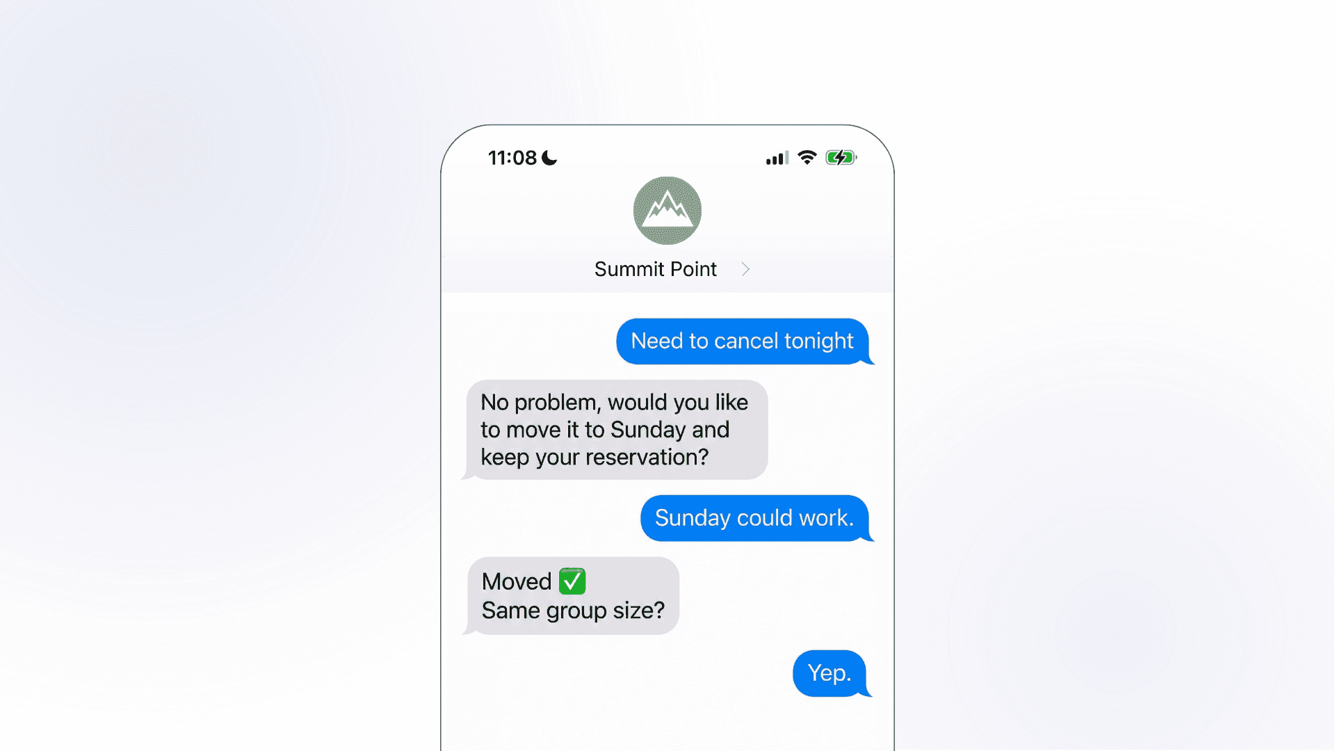 A smartphone mockup showing a Summit Point SMS conversation where a customer cancels their evening booking and is smoothly moved to Sunday with the same group size in just four messages.