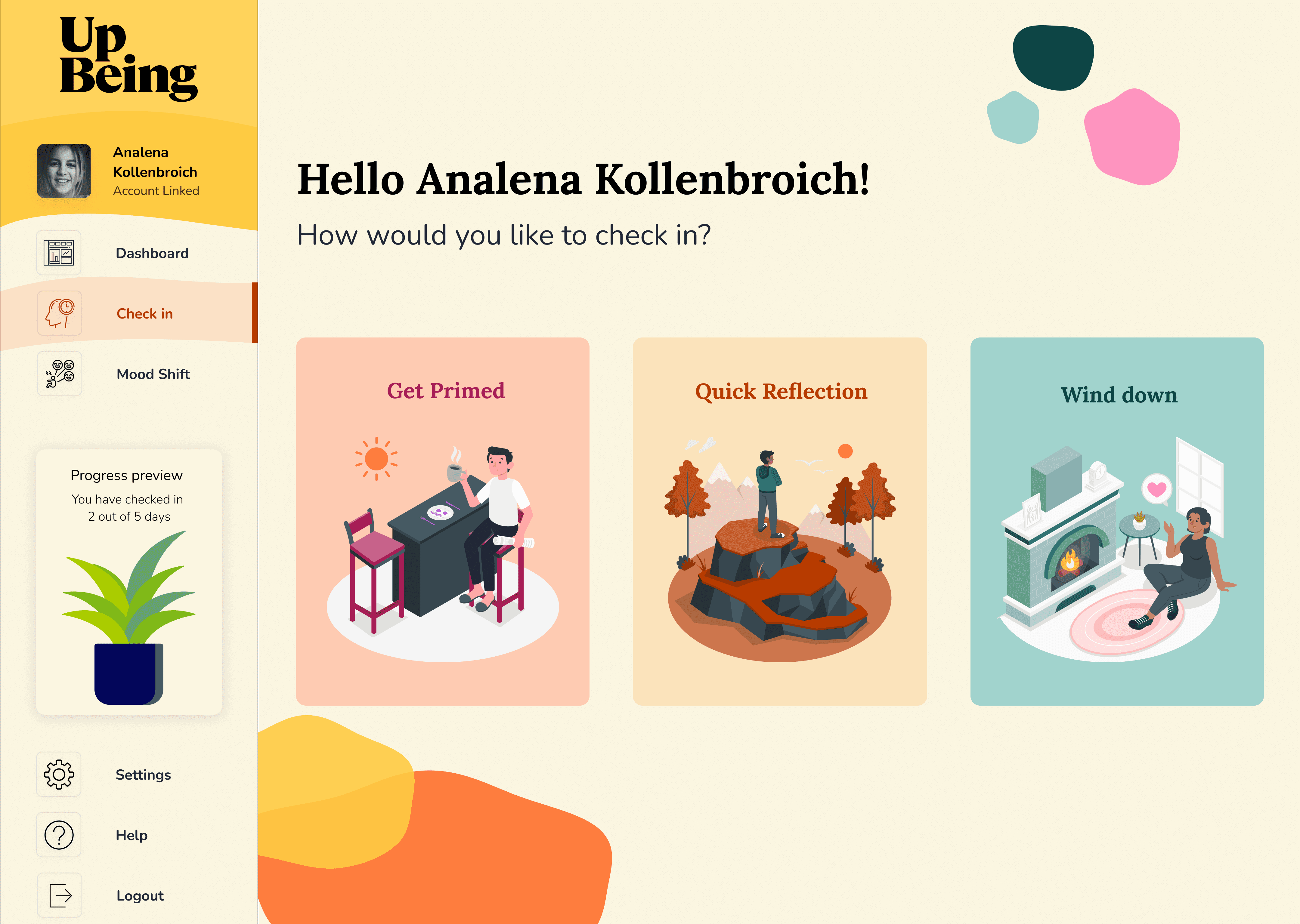 UpBeing dashboard screen greeting the user and offering three check-in options—Get Primed, Quick Reflection, and Wind Down—alongside a left navigation menu with progress preview and settings.