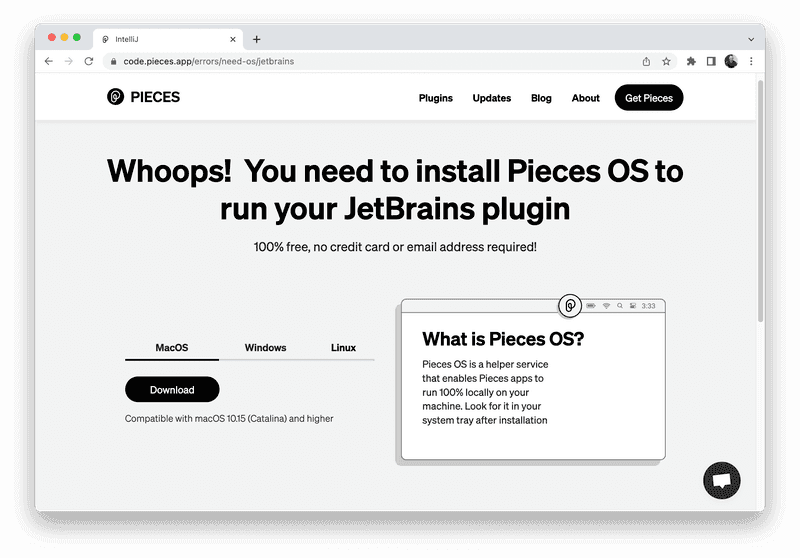 An error message that prompts users to download Pieces OS.