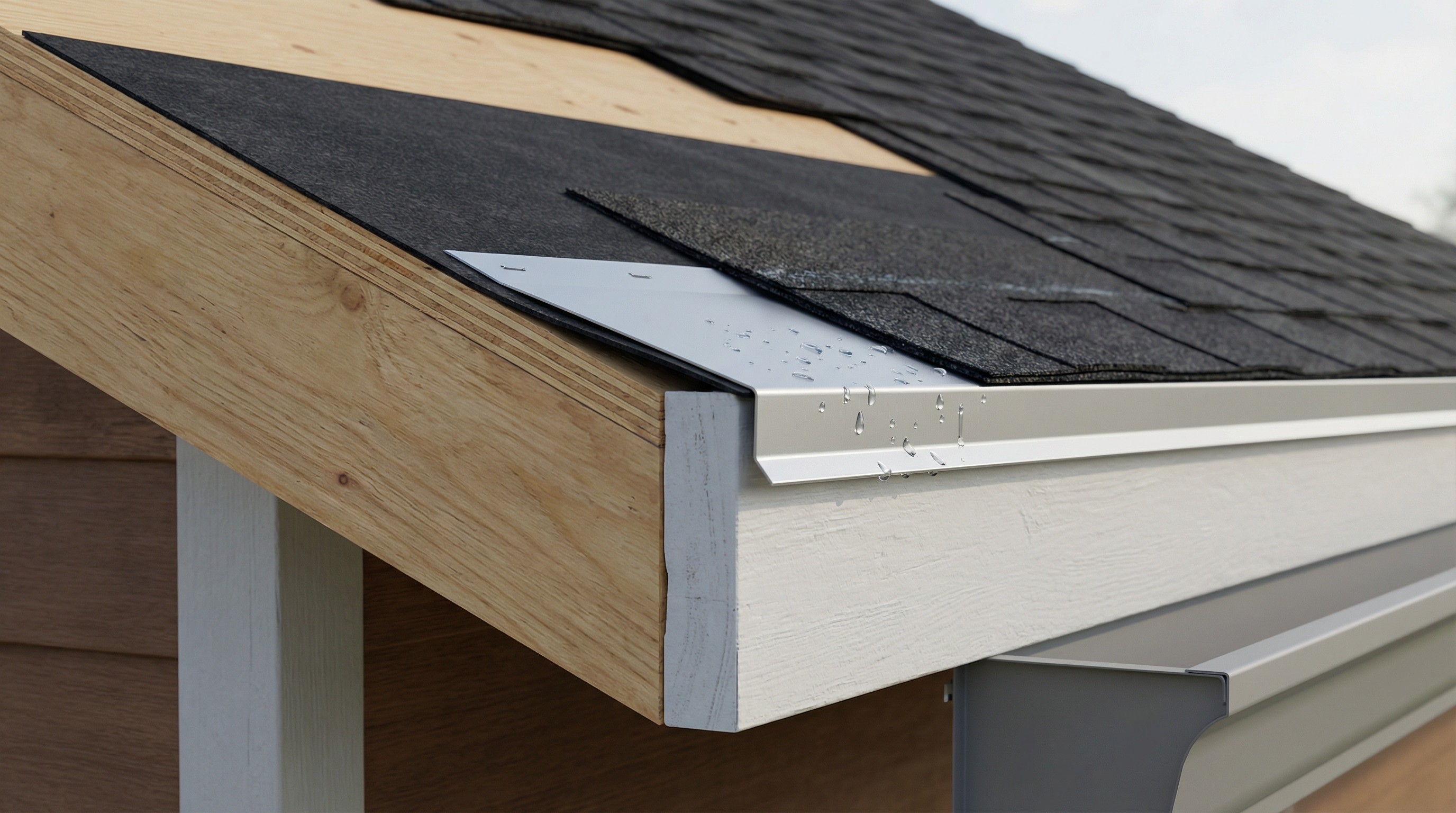 Close-up of a house roof, showing shingles being installed. Includes wooden beams, gutters and a partially shingled roof.