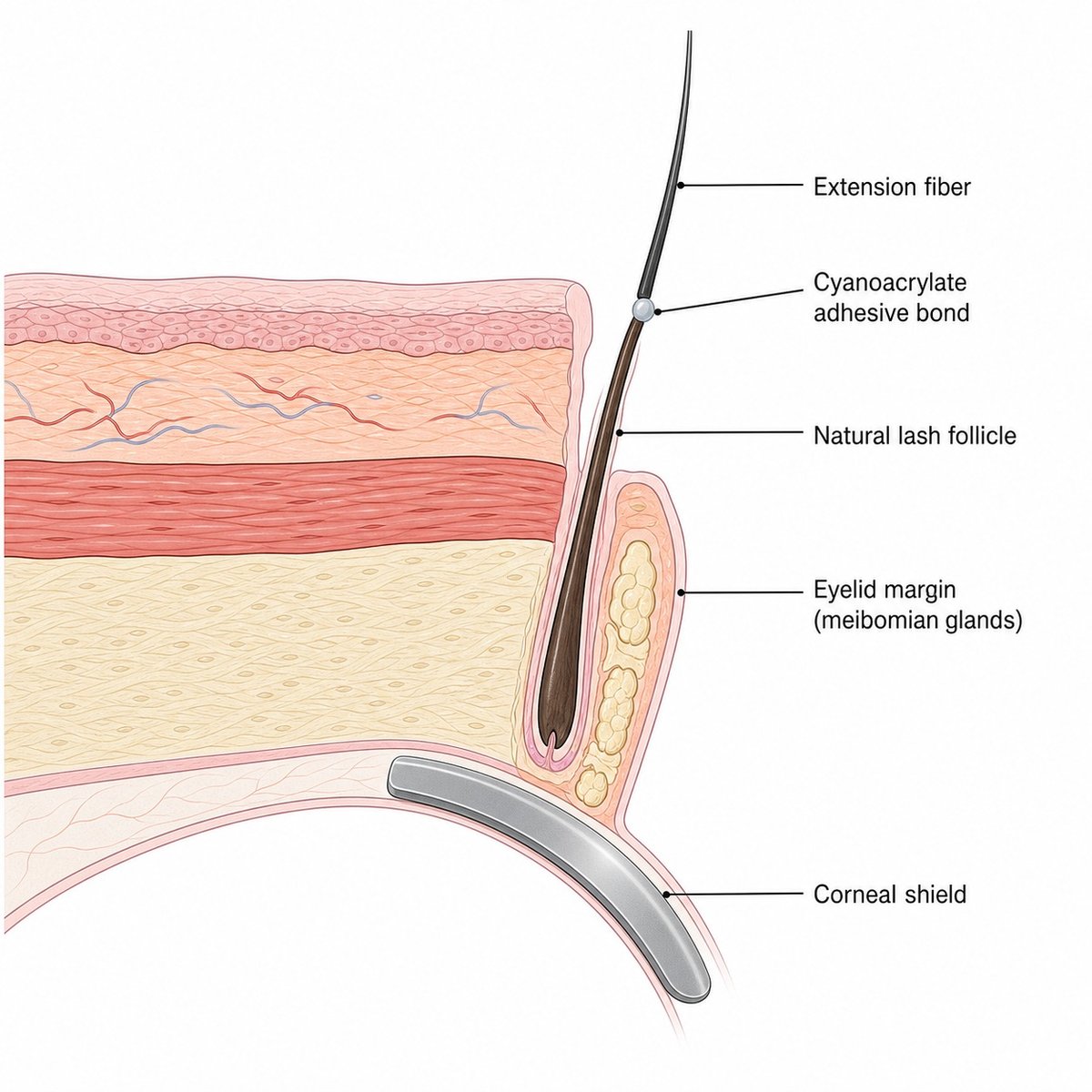 Cross-section diagram of eyelid margin showing where cyanoacrylate lash adhesive sits relative to the skin layers and corneal shield placement