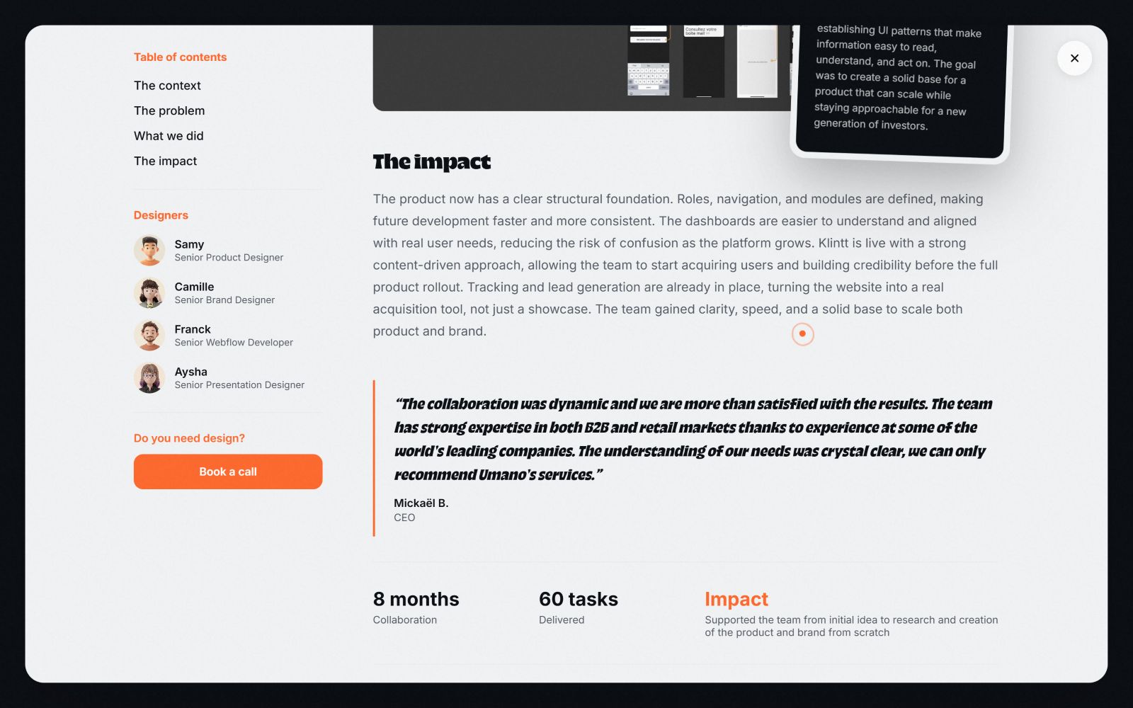 Team profiles with roles, testimonial, and stats section. Button reads: "Book a call". Orange and black color scheme.