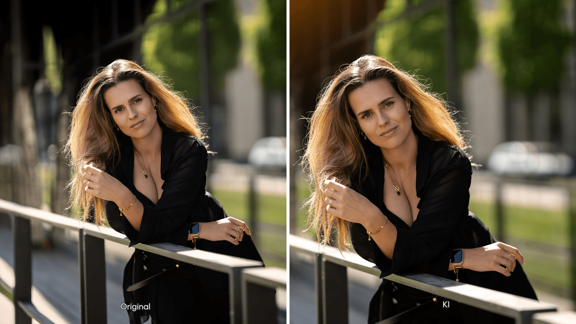 Original vs. Digitaler Zwilling – Trickhouse KI-Model-Agentur Düsseldorf: Vergleichsbild eines weiblichen Models im schwarzen Blazer, outdoor, warmes Sonnenlicht, KI-generiertes Pendant zeigt die Qualität des Digital Twins.