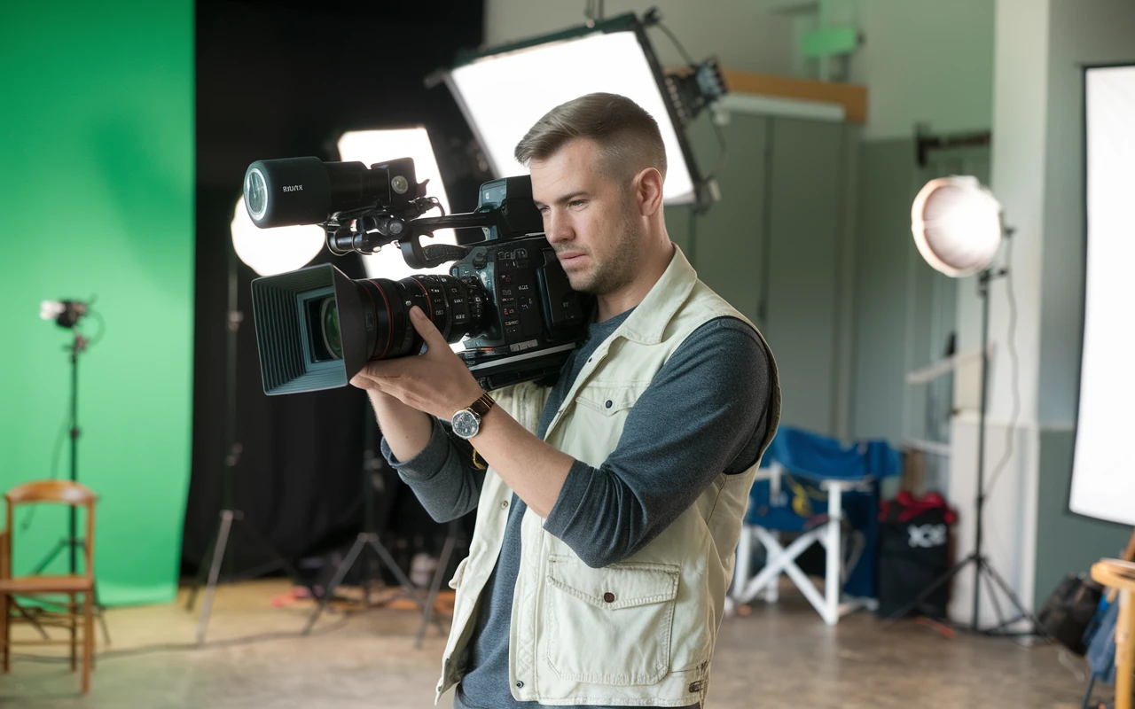 a person reviews a high-tech camera on a film set under a canopy of studio lights.