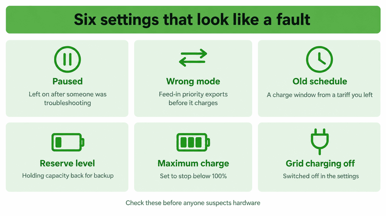 Six battery settings that can look like a fault: paused, wrong mode, old schedule, reserve level, maximum charge and grid charging off